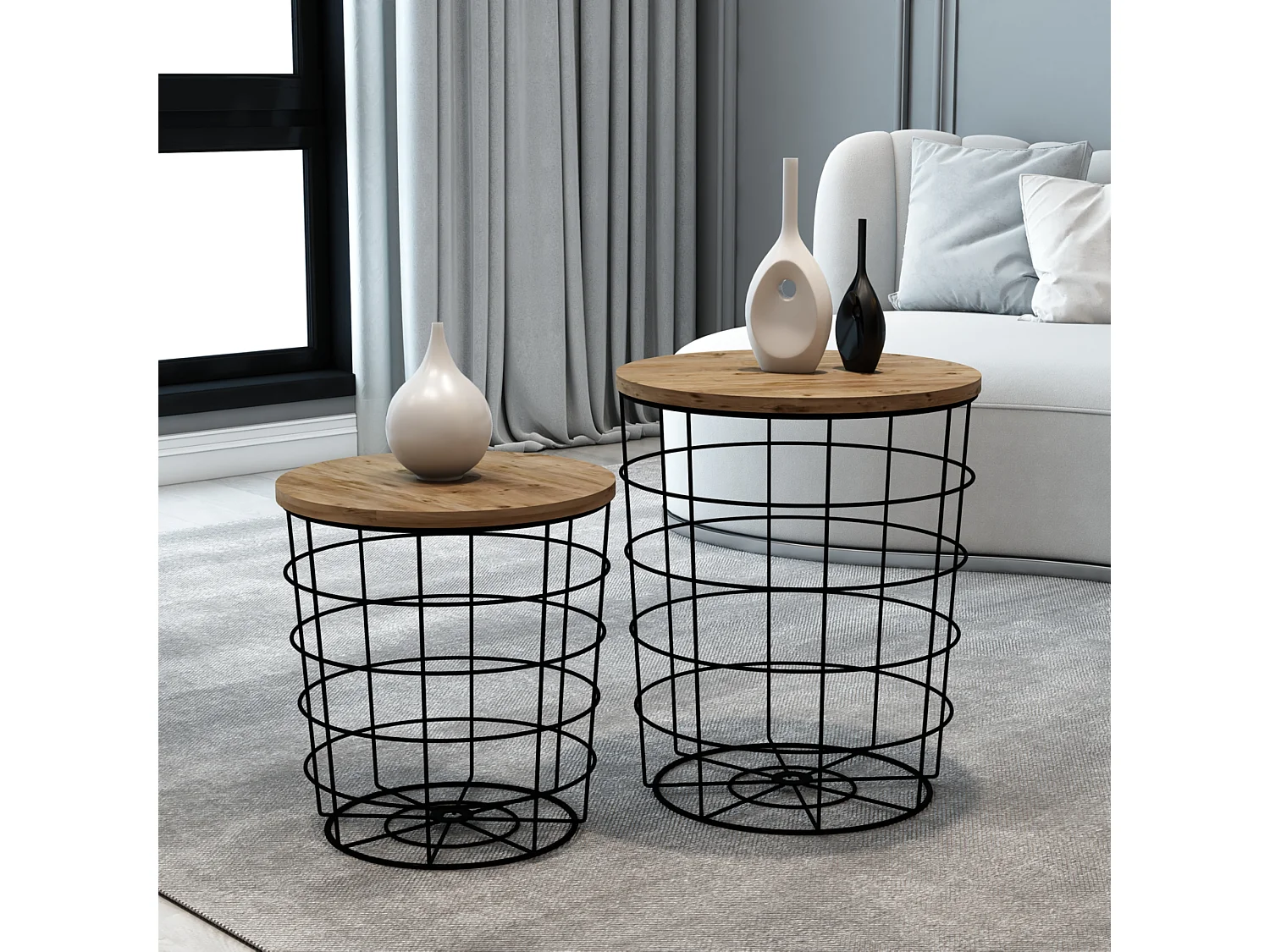 Lot de 2 paniers en métal Hundested avec plateau amovible rond noir / effet bois [en.casa]