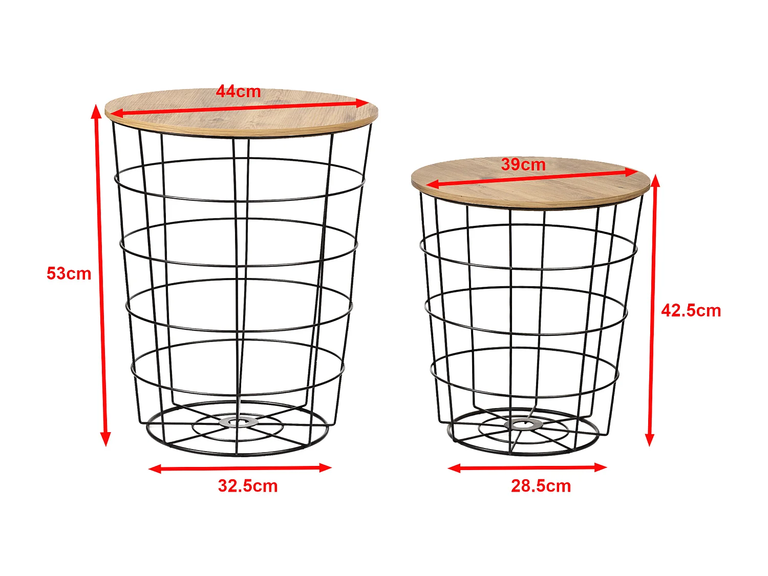 Lot de 2 paniers en métal Hundested avec plateau amovible rond noir / effet bois [en.casa]