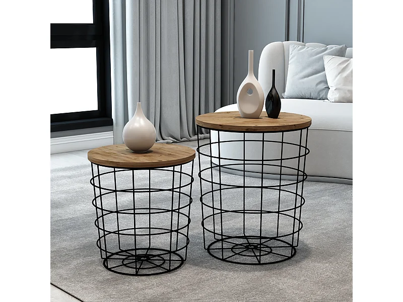 Lot de 2 paniers en métal Hundested avec plateau amovible rond noir / effet bois [en.casa]