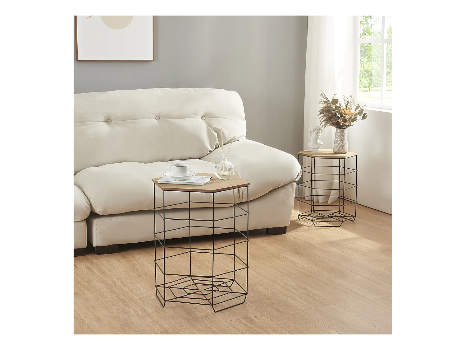 Lot de 2 paniers en métal Hørsholm avec plateau amovible hexagonal noir / effet bois [en.casa]