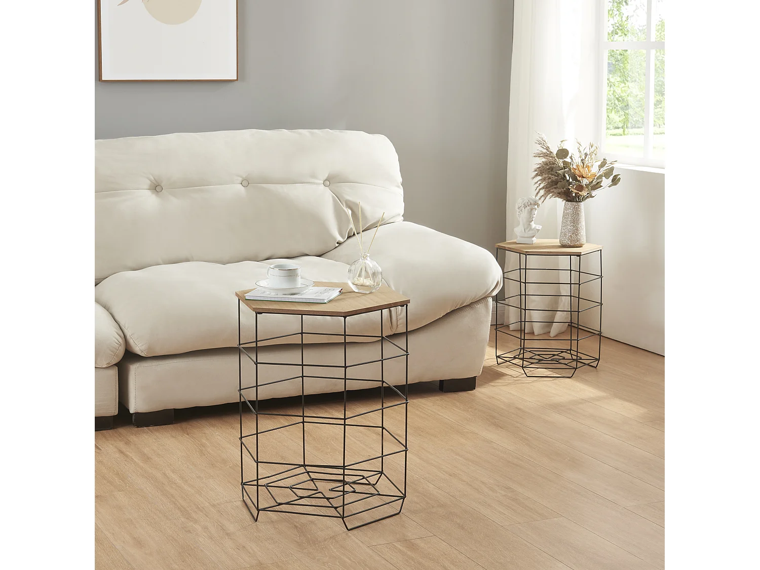 Lot de 2 paniers en métal Hørsholm avec plateau amovible hexagonal noir / effet bois [en.casa]