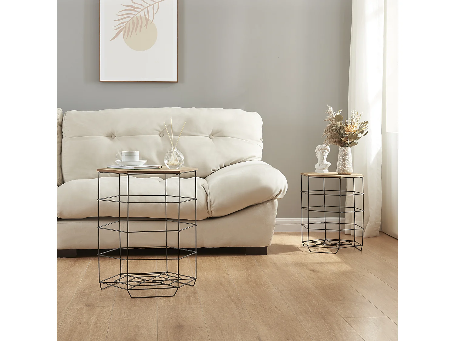 Lot de 2 paniers en métal Hørsholm avec plateau amovible hexagonal noir / effet bois [en.casa]