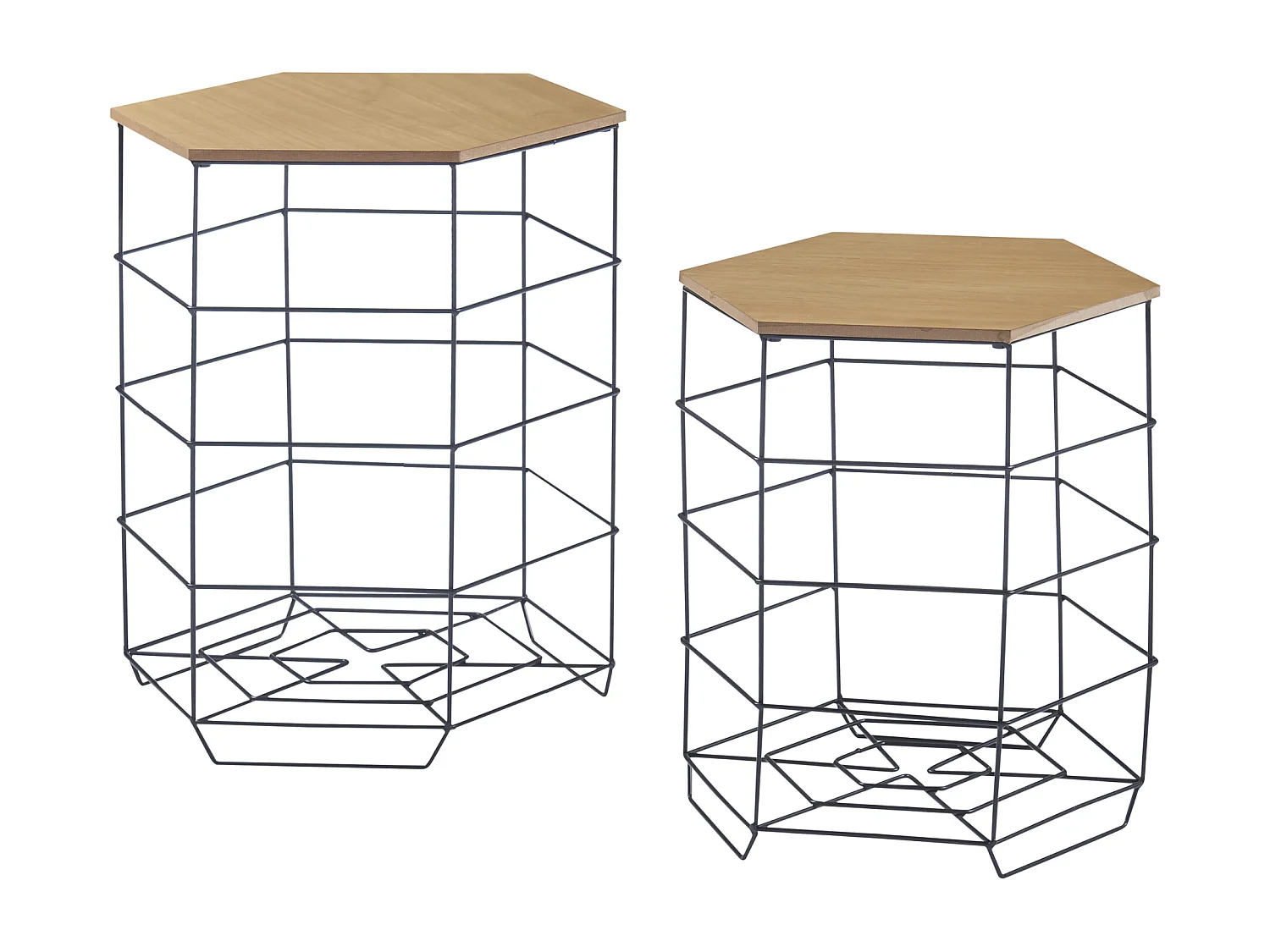 Lot de 2 paniers en métal Hørsholm avec plateau amovible hexagonal noir / effet bois [en.casa]