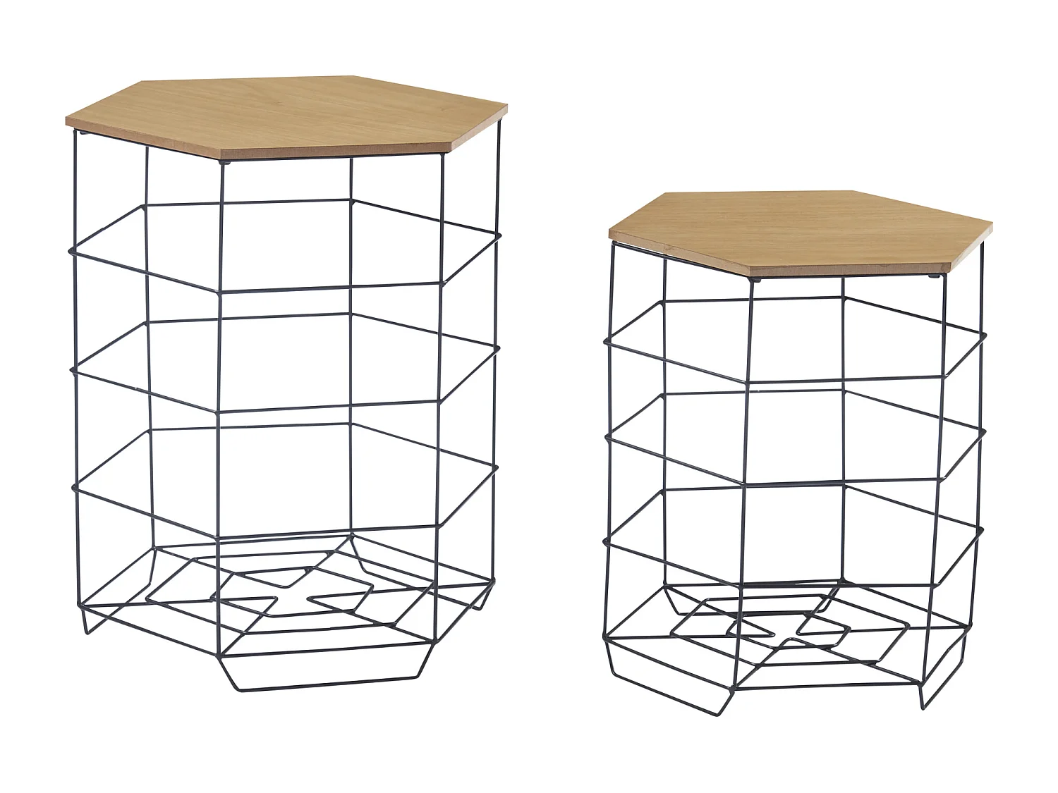 Lot de 2 paniers en métal Hørsholm avec plateau amovible hexagonal noir / effet bois [en.casa]