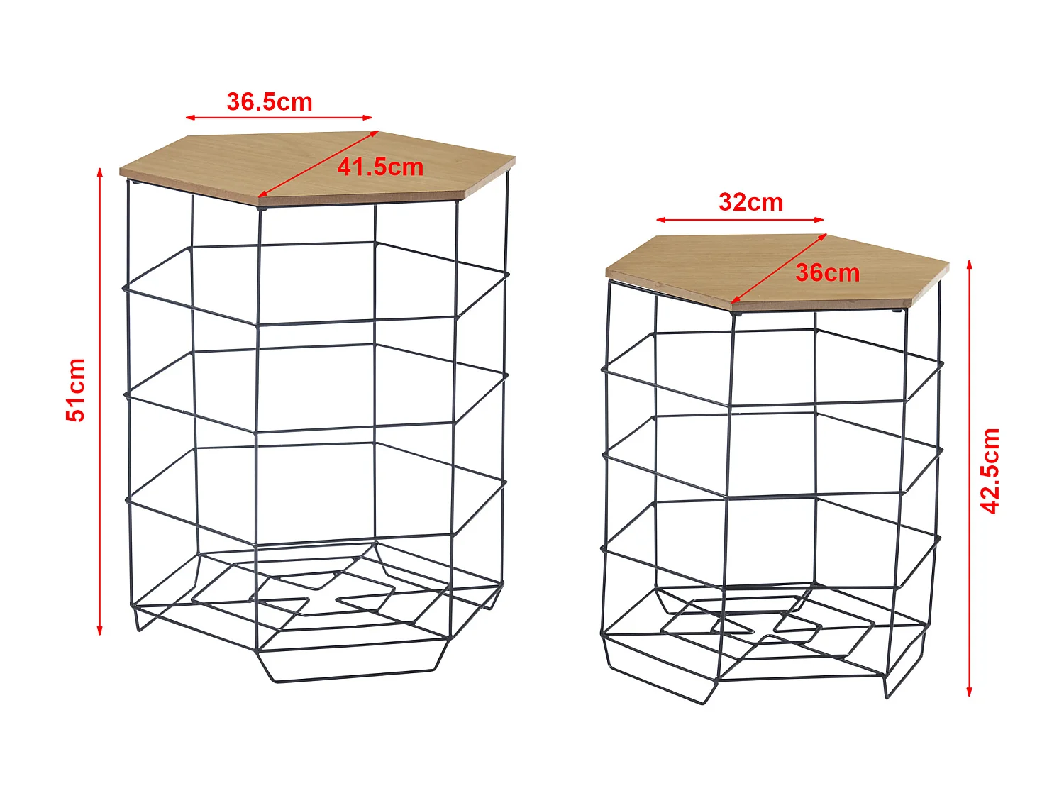 Lot de 2 paniers en métal Hørsholm avec plateau amovible hexagonal noir / effet bois [en.casa]