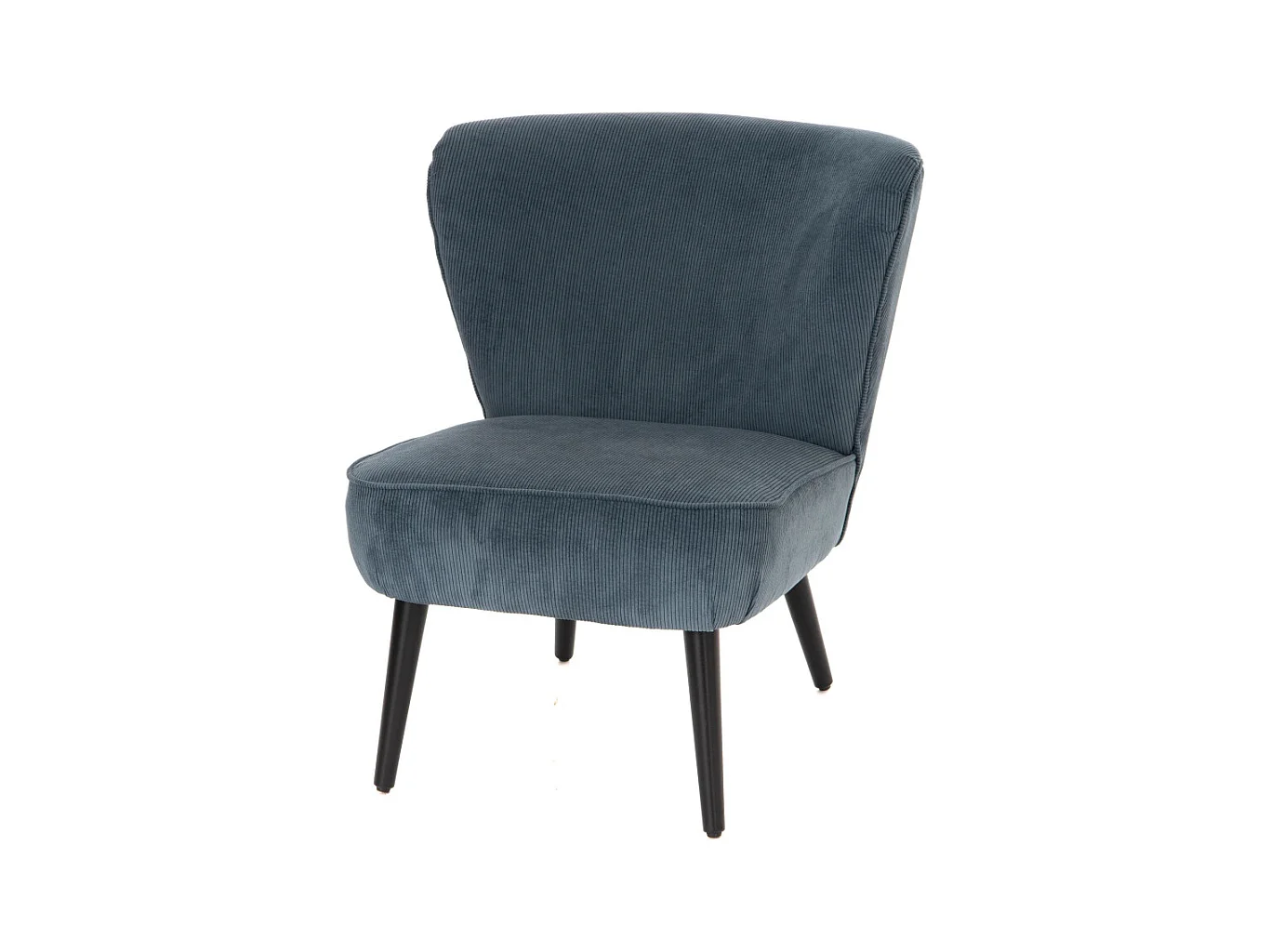 Fauteuil coquille côtelé bleu en velours et bois
