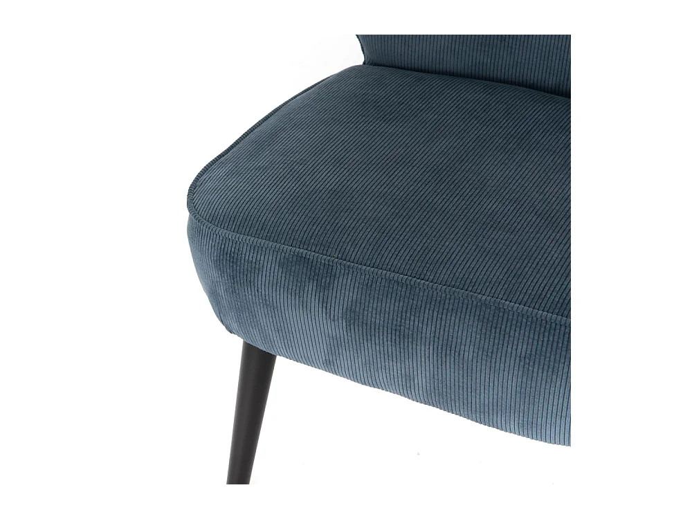 Fauteuil coquille côtelé bleu en velours et bois