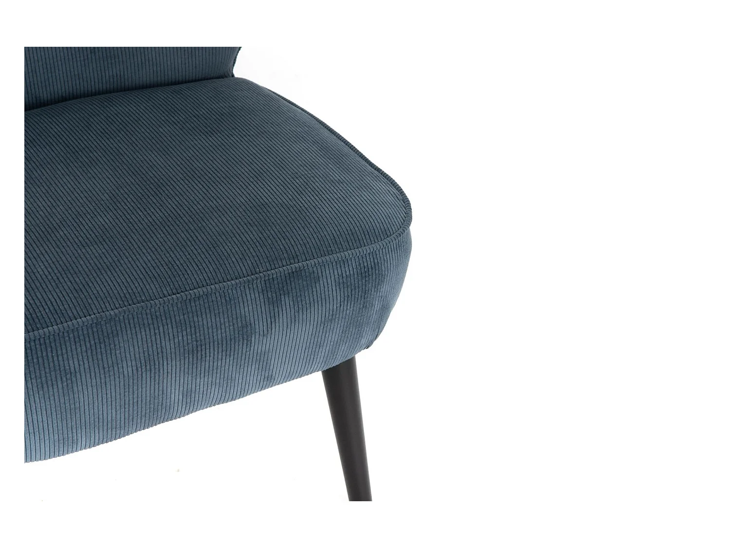 Fauteuil coquille côtelé bleu en velours et bois