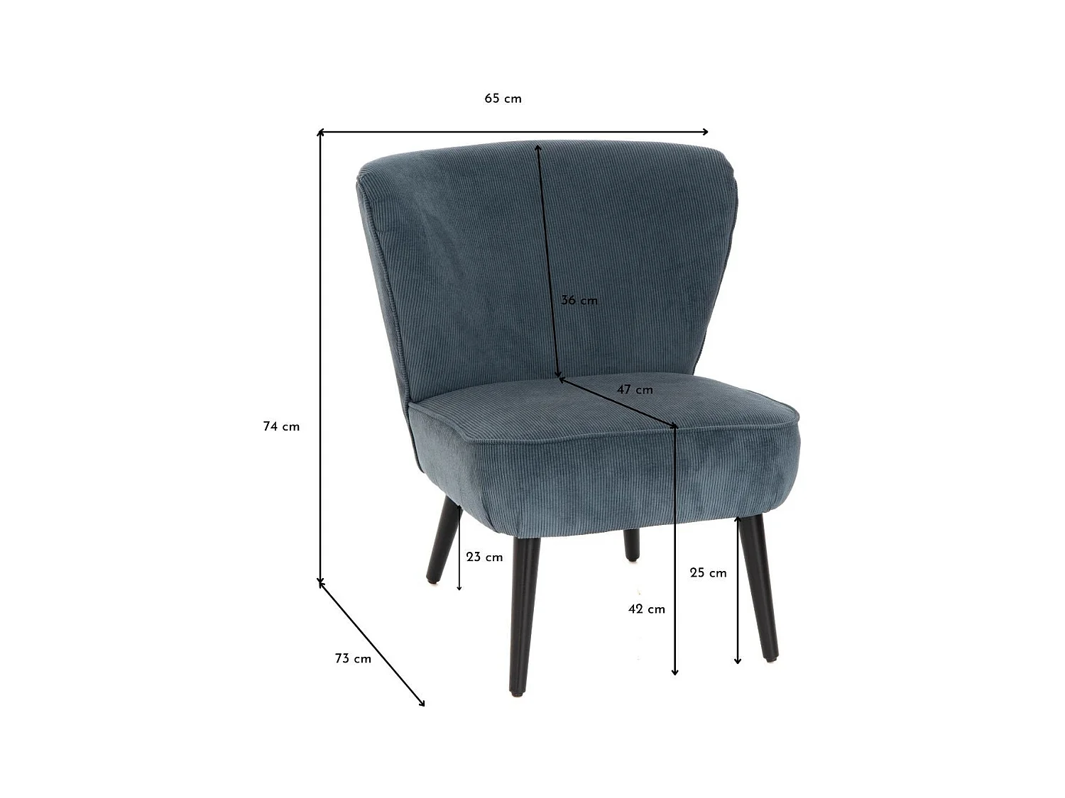 Fauteuil coquille côtelé bleu en velours et bois