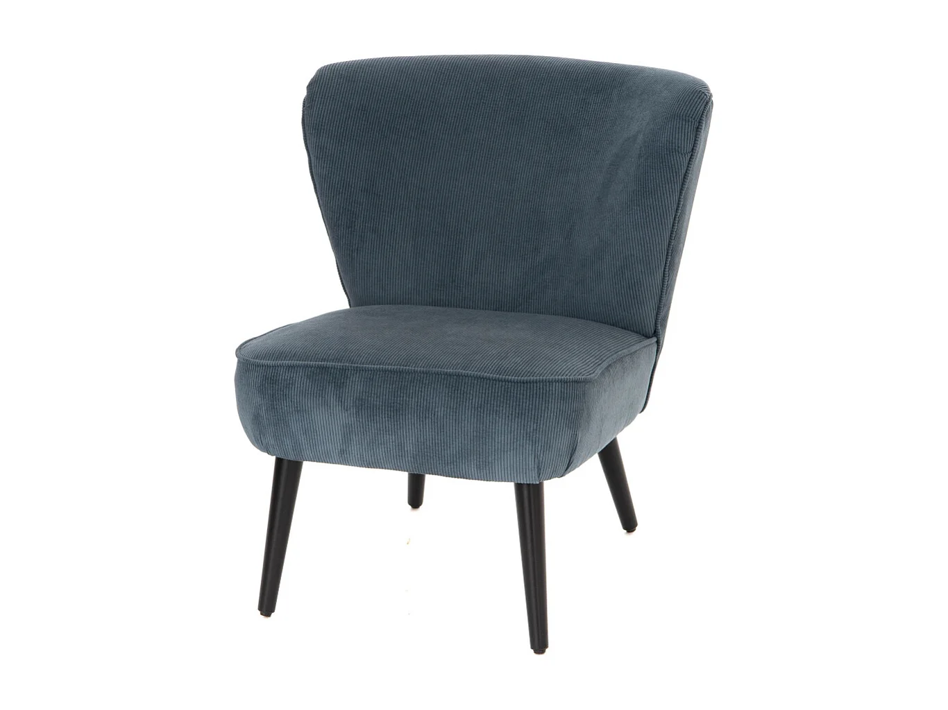Fauteuil coquille côtelé bleu en velours et bois