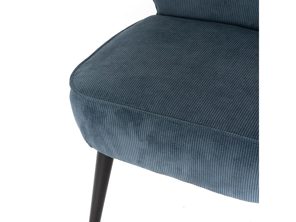 Fauteuil coquille côtelé bleu en velours et bois
