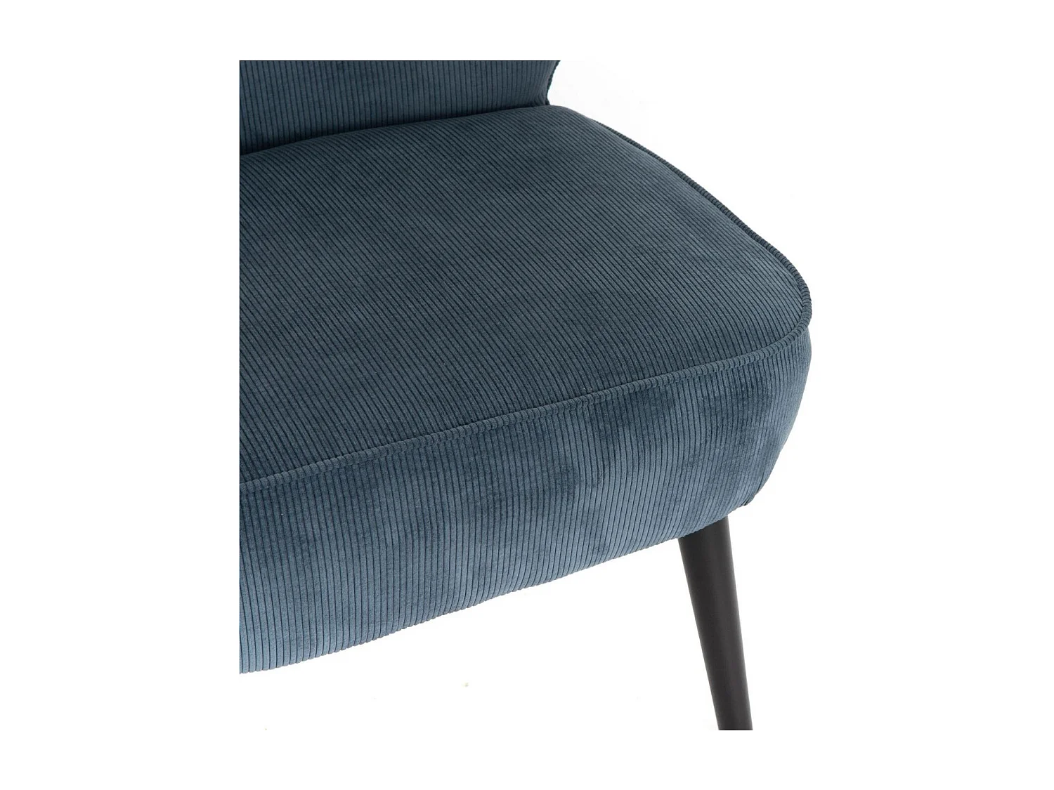 Fauteuil coquille côtelé bleu en velours et bois