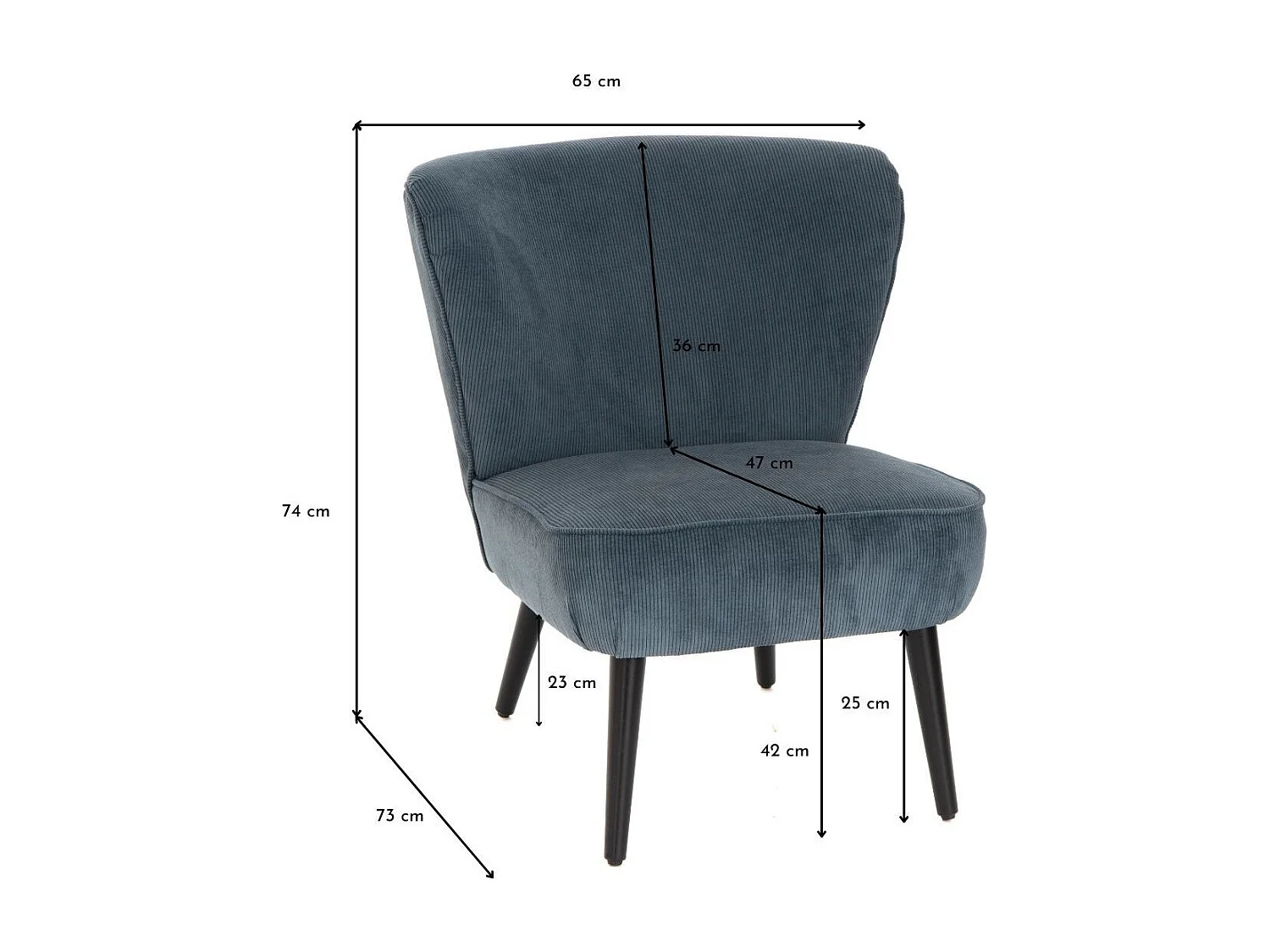 Fauteuil coquille côtelé bleu en velours et bois