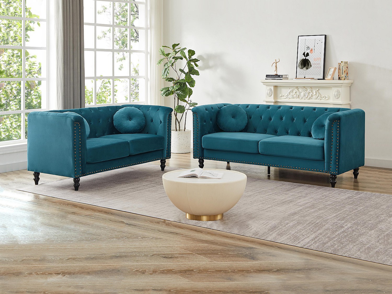 Vente-unique Couchgarnitur 3+2 - Samt - Grünblau - Turner