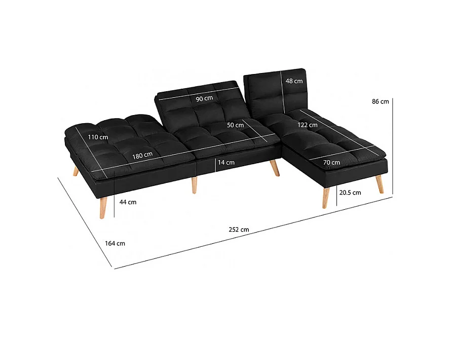 Banquette convertible angle réversible et modulable tissu noir - KURT