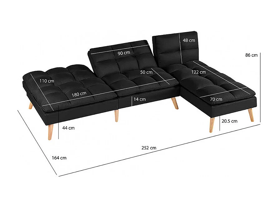 Banquette convertible angle réversible et modulable tissu noir - KURT