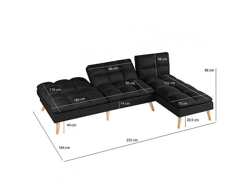Banquette convertible angle réversible et modulable tissu noir - KURT