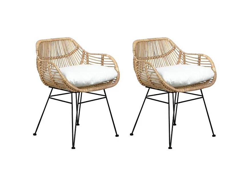 Lot de 2 fauteuils en rotin avec coussin et pieds métal noir - IBIZA
