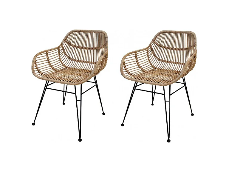 Lot de 2 fauteuils en rotin avec coussin et pieds métal noir - IBIZA