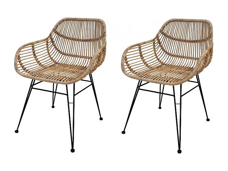 Lot de 2 fauteuils en rotin avec coussin et pieds métal noir - IBIZA