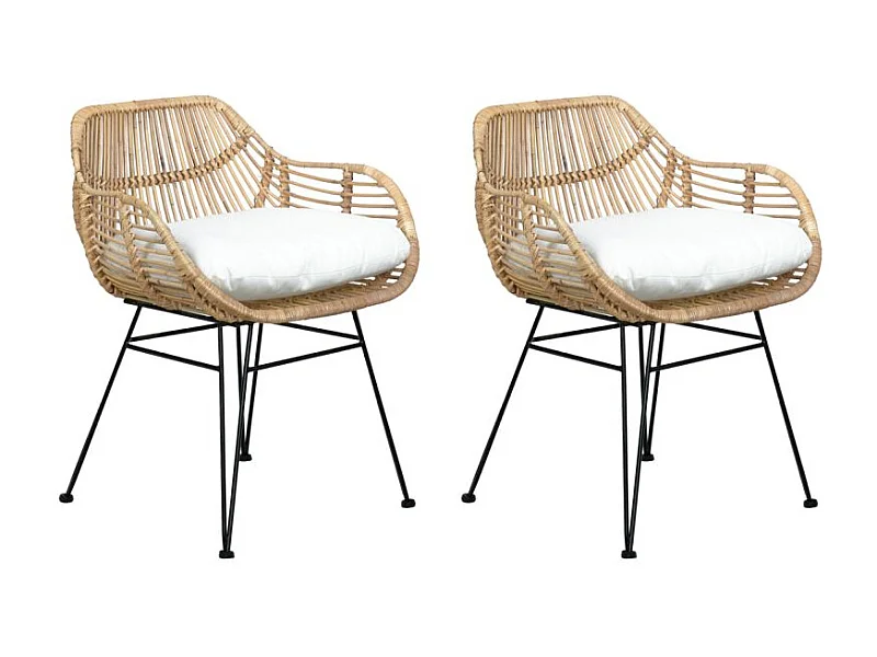 Lot de 2 fauteuils en rotin avec coussin et pieds métal noir - IBIZA