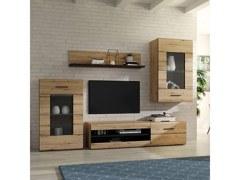 Ensemble meuble TV paroi murale décor bois clair et noir - SONNY