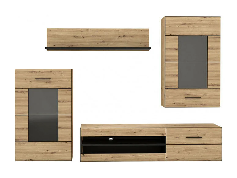 Ensemble meuble TV paroi murale décor bois clair et noir - SONNY