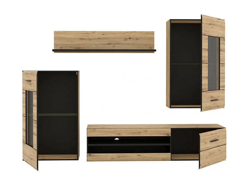 Ensemble meuble TV paroi murale décor bois clair et noir - SONNY