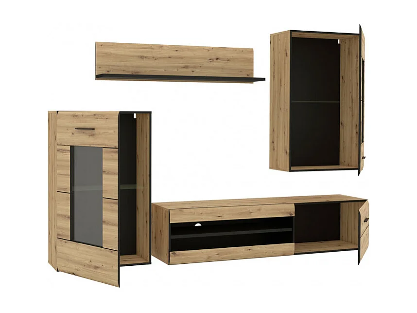 Ensemble meuble TV paroi murale décor bois clair et noir - SONNY