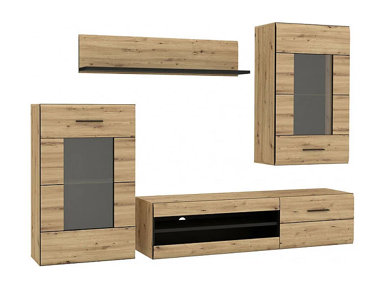 Ensemble meuble TV paroi murale décor bois clair et noir - SONNY