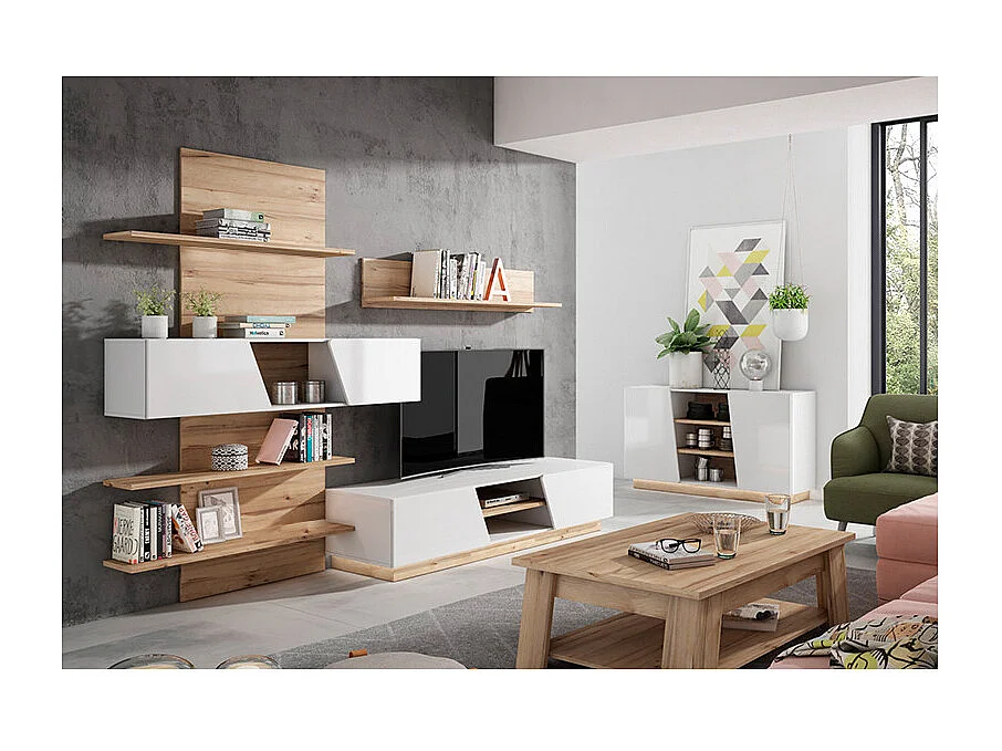 Ensemble meuble TV paroi murale blanc décor chêne clair - NOVA