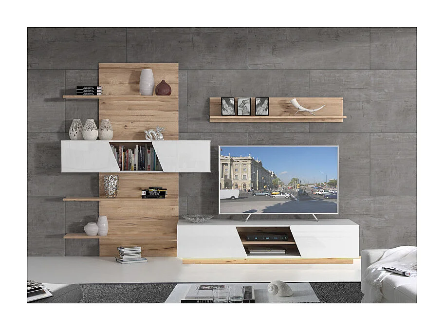 Ensemble meuble TV paroi murale blanc décor chêne clair - NOVA
