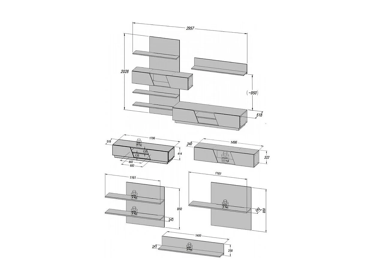 Ensemble meuble TV paroi murale blanc décor chêne clair - NOVA