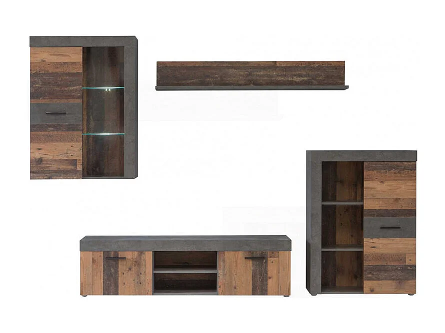 Meuble TV paroi murale 4 éléments décor bois et béton foncé - JULIAN