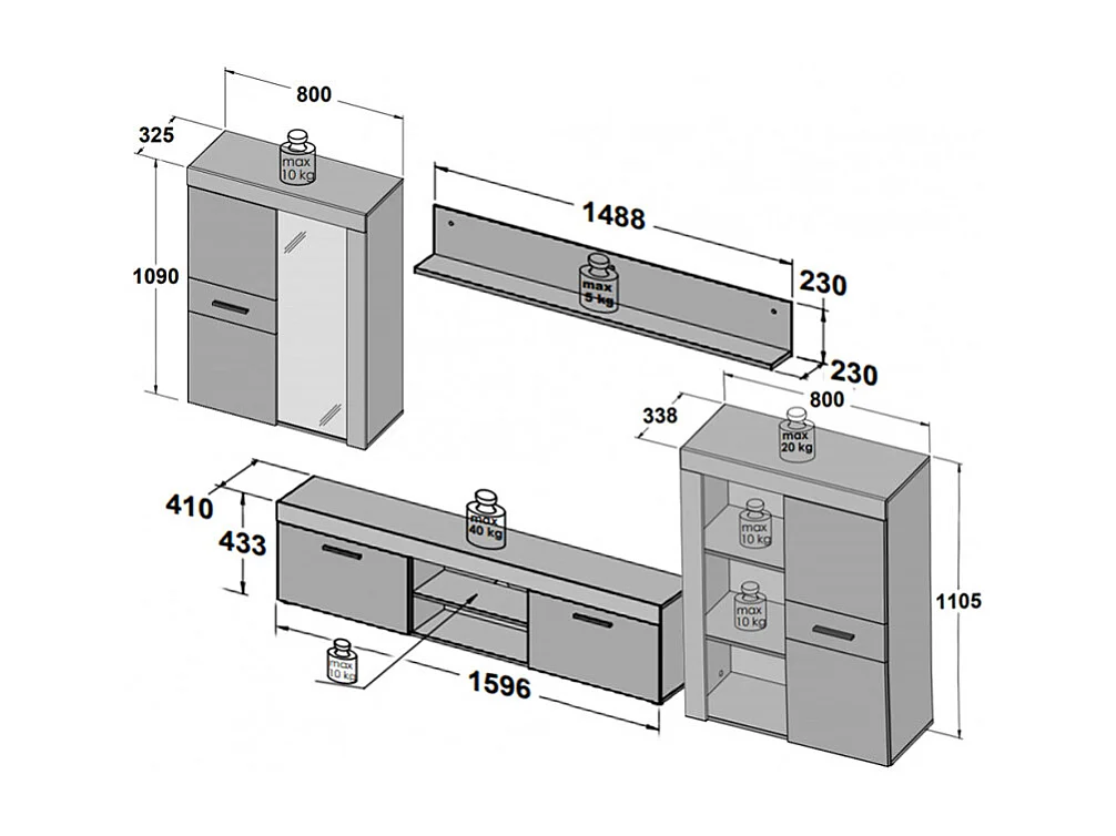 Meuble TV paroi murale 4 éléments décor bois et béton foncé - JULIAN