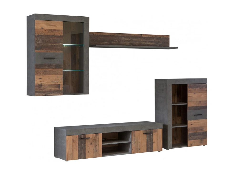 Meuble TV paroi murale 4 éléments décor bois et béton foncé - JULIAN