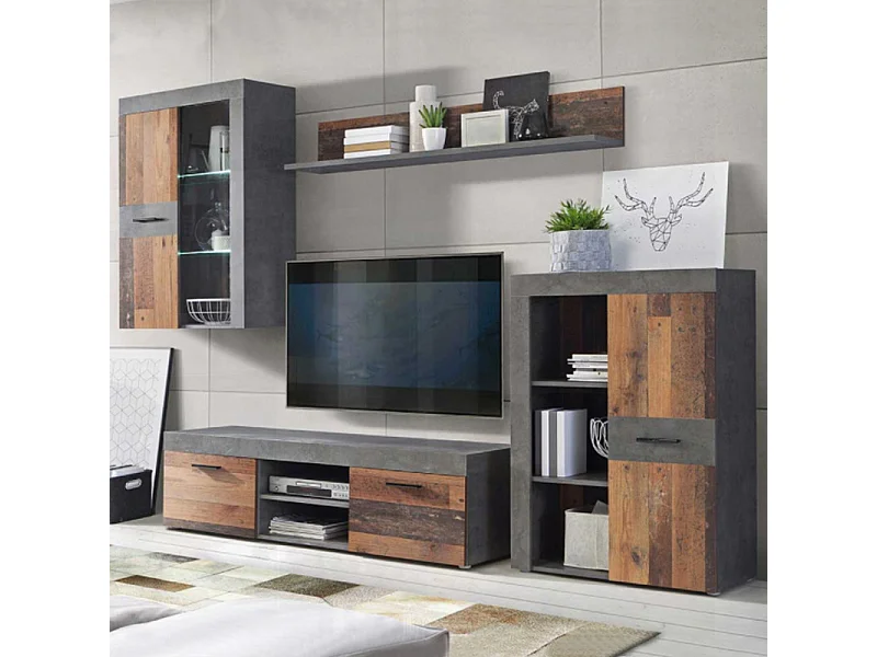 Meuble TV paroi murale 4 éléments décor bois et béton foncé - JULIAN