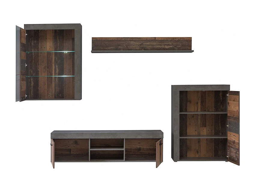 Meuble TV paroi murale 4 éléments décor bois et béton foncé - JULIAN