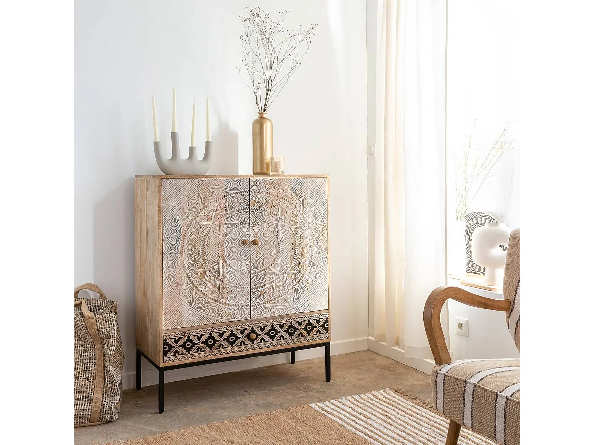 Armario de madera de mango tallado Marc, color marrón, sin LED, para colocar en el suelo, estilo único