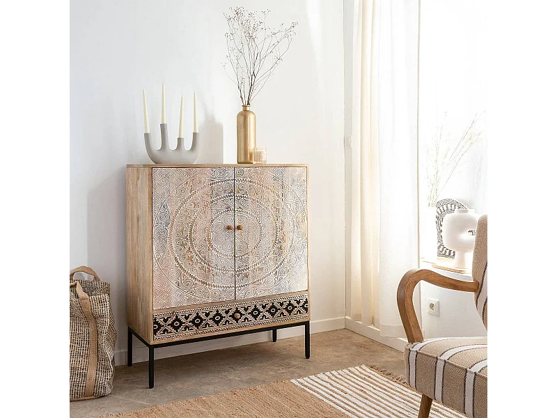 Armario de madera de mango tallado Marc, color marrón, sin LED, para colocar en el suelo, estilo único