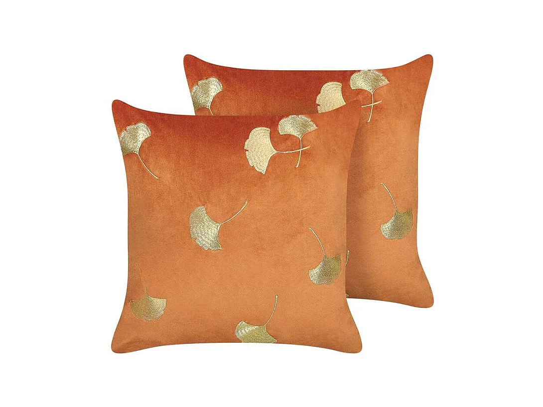 Dekokissen mit Füllung 2er Set Samt orange / gold Blättermotiv 45 x 45 cm Tulip