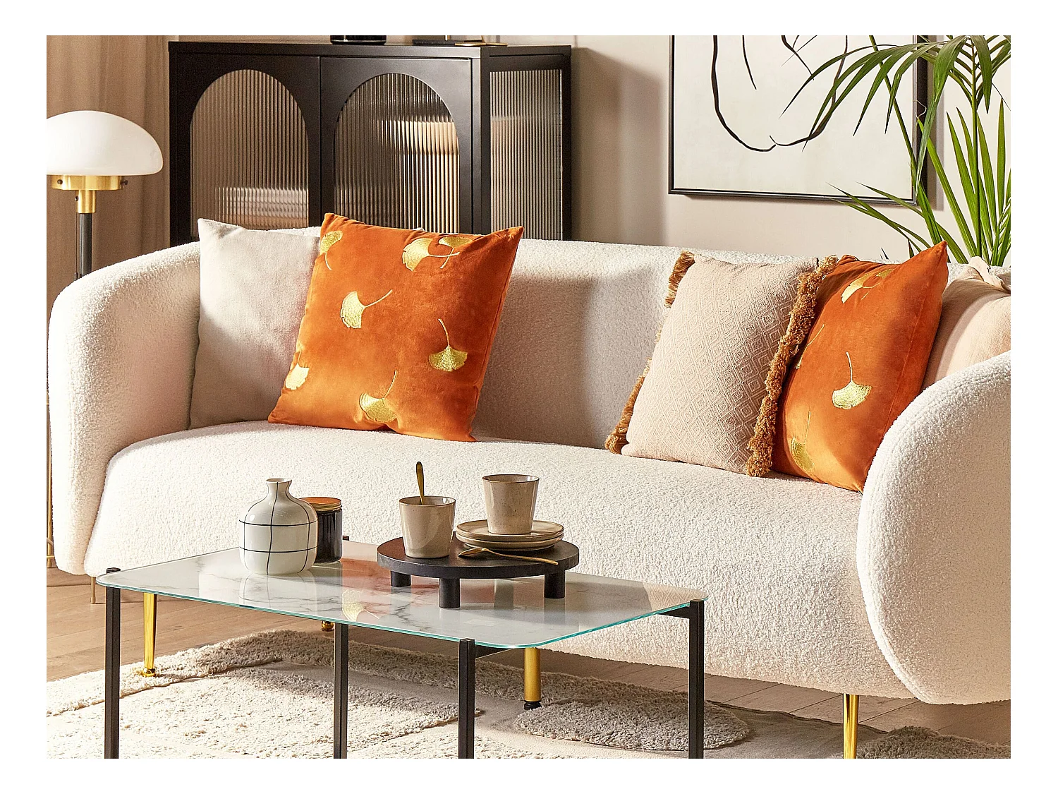 Dekokissen mit Füllung 2er Set Samt orange / gold Blättermotiv 45 x 45 cm Tulip