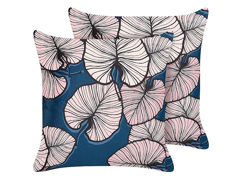 Set van 2 decoratieve kussens CHRYSANTHEMUM Fluweel 45 x 45 cm Donkerblauw Bladpatroon