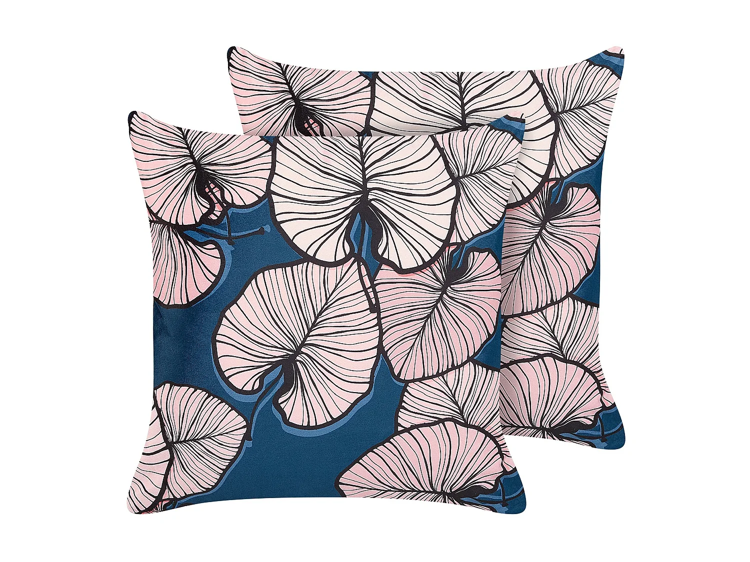 Set van 2 decoratieve kussens CHRYSANTHEMUM Fluweel 45 x 45 cm Donkerblauw Bladpatroon