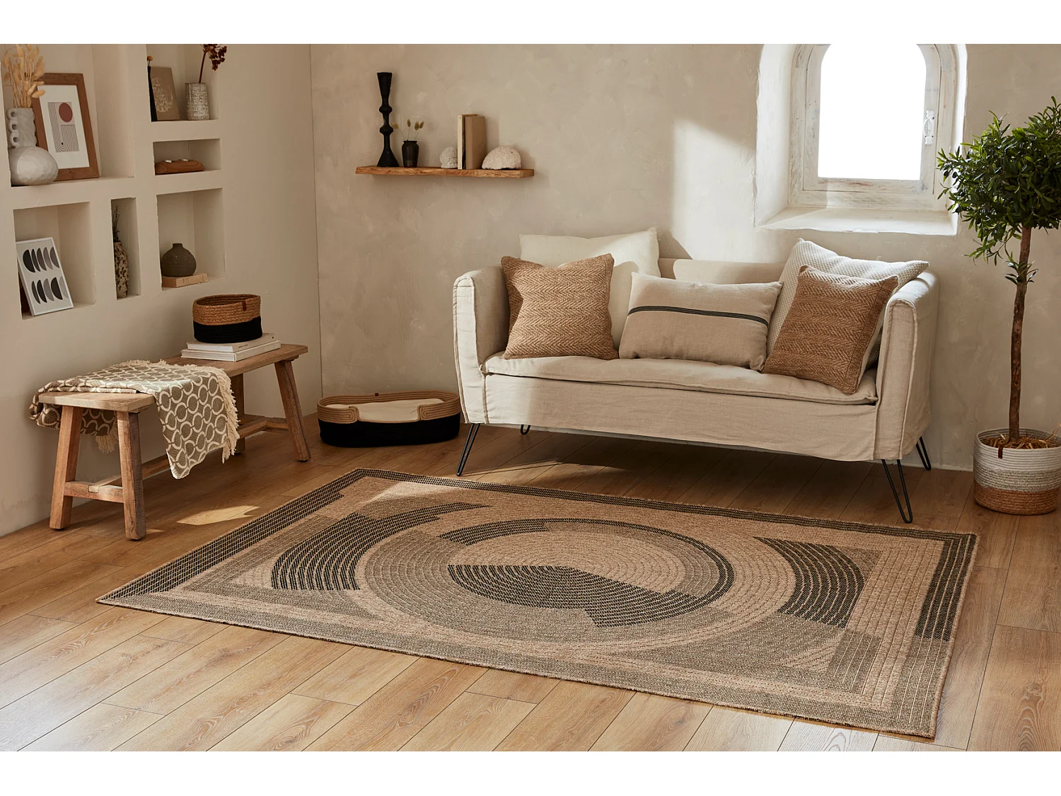 Tapis de salon - intérieur extérieur - rectangle - Nature -  aspect Jute - Noir - 120x170cm