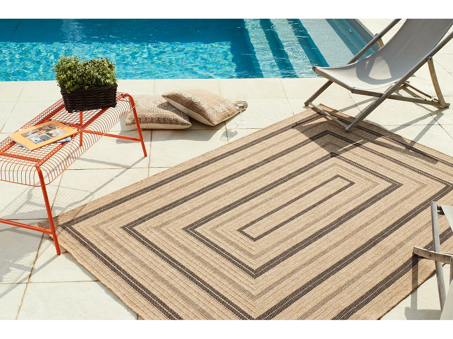 Tapis de salon - intérieur extérieur - rectangle - Nature -  aspect Jute - Noir - 60x90cm