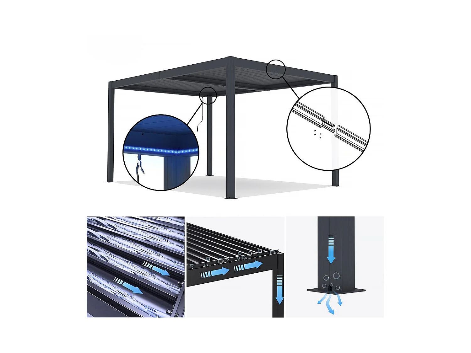 Pérgola bioclimática em alumínio com LED "Windsor" 3 x 4 - Cinza antracite