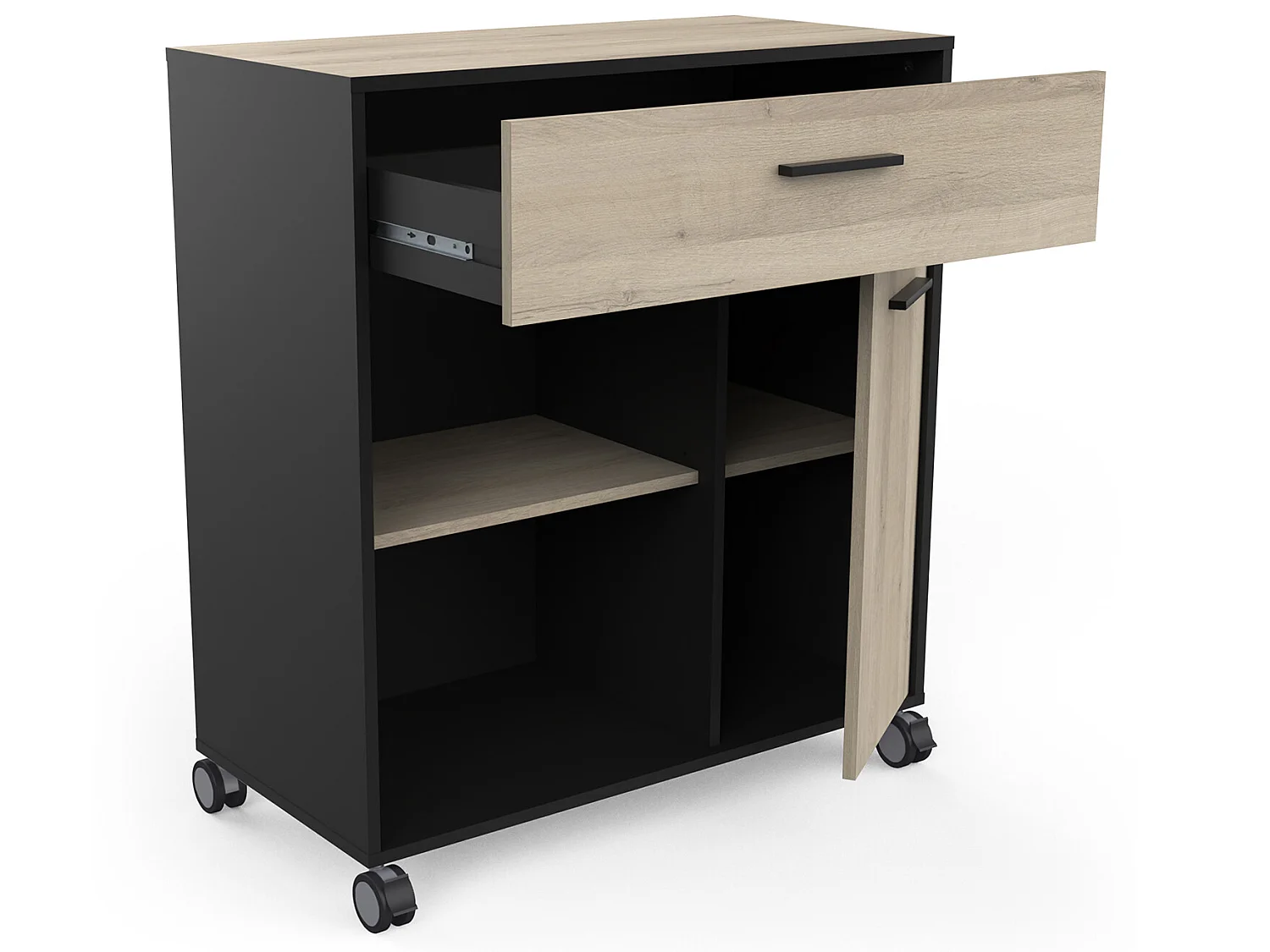 Desserte micro-ondes pour cuisine coloris chêne kronberg, noir mat -Longueur 81 x Hauteur 90,30 x Profondeur 39,6 cm