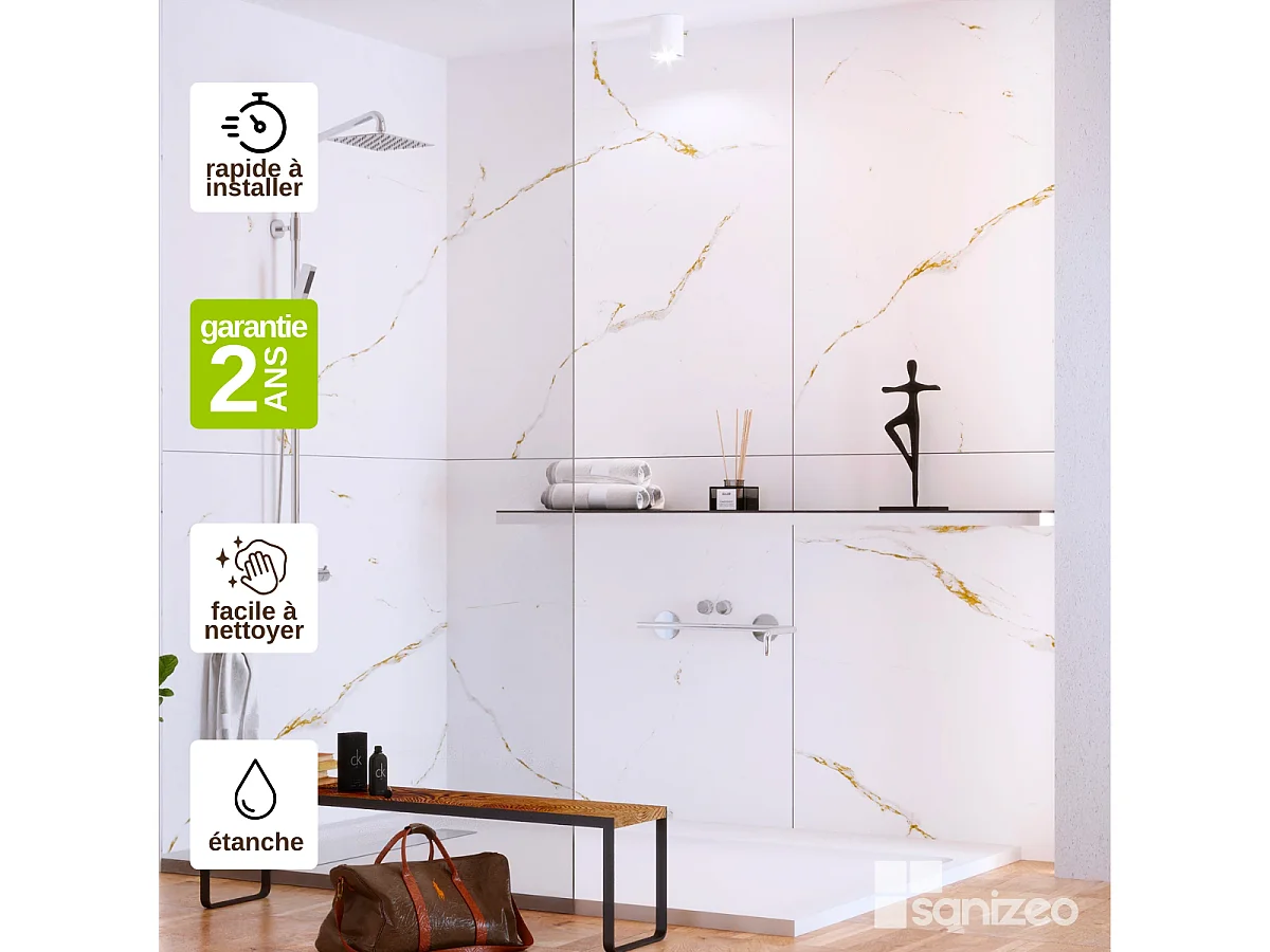 Lot de 2 Panneaux d'Habillage pour Douche et Baignoire, L120*l120*0.4 cm, effet doré, Calacatta GOLD by SANIZÉO