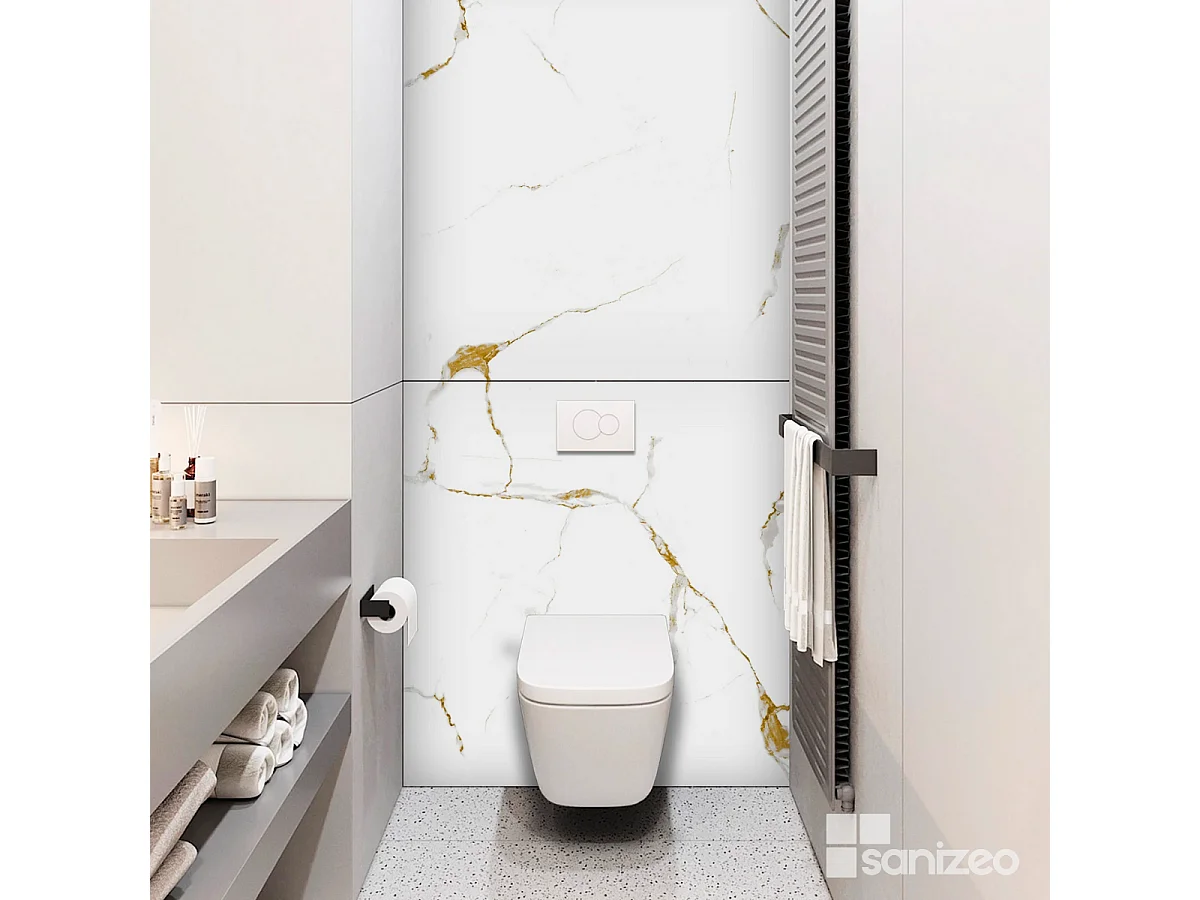 Lot de 2 Panneaux d'Habillage pour Douche et Baignoire, L120*l120*0.4 cm, effet doré, Calacatta GOLD by SANIZÉO